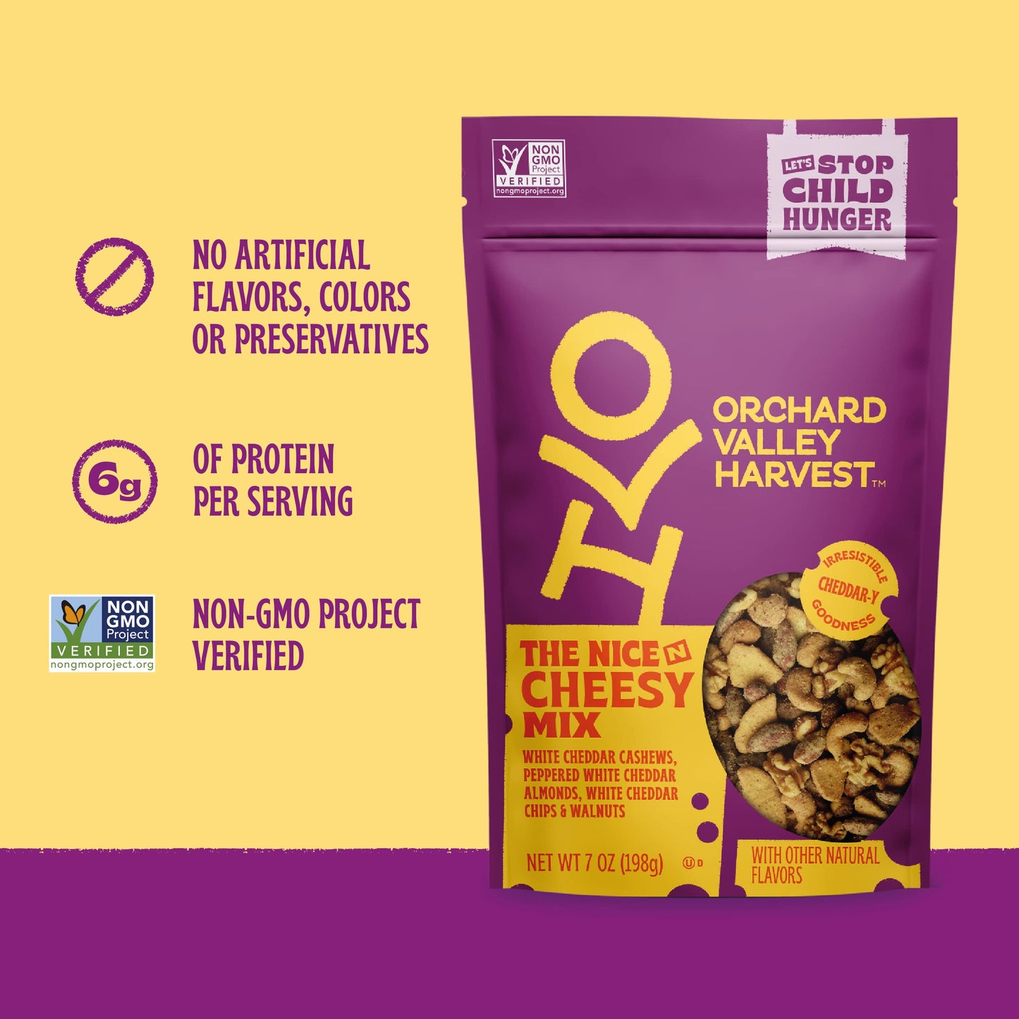 Orchard Valley Harvest Nice N Cheesy Mix, 7 Oz Resealable Bag, White Cheddar Almonds, Cashews, Chips, Walnuts, Non-Gmo, 6G Of Pr