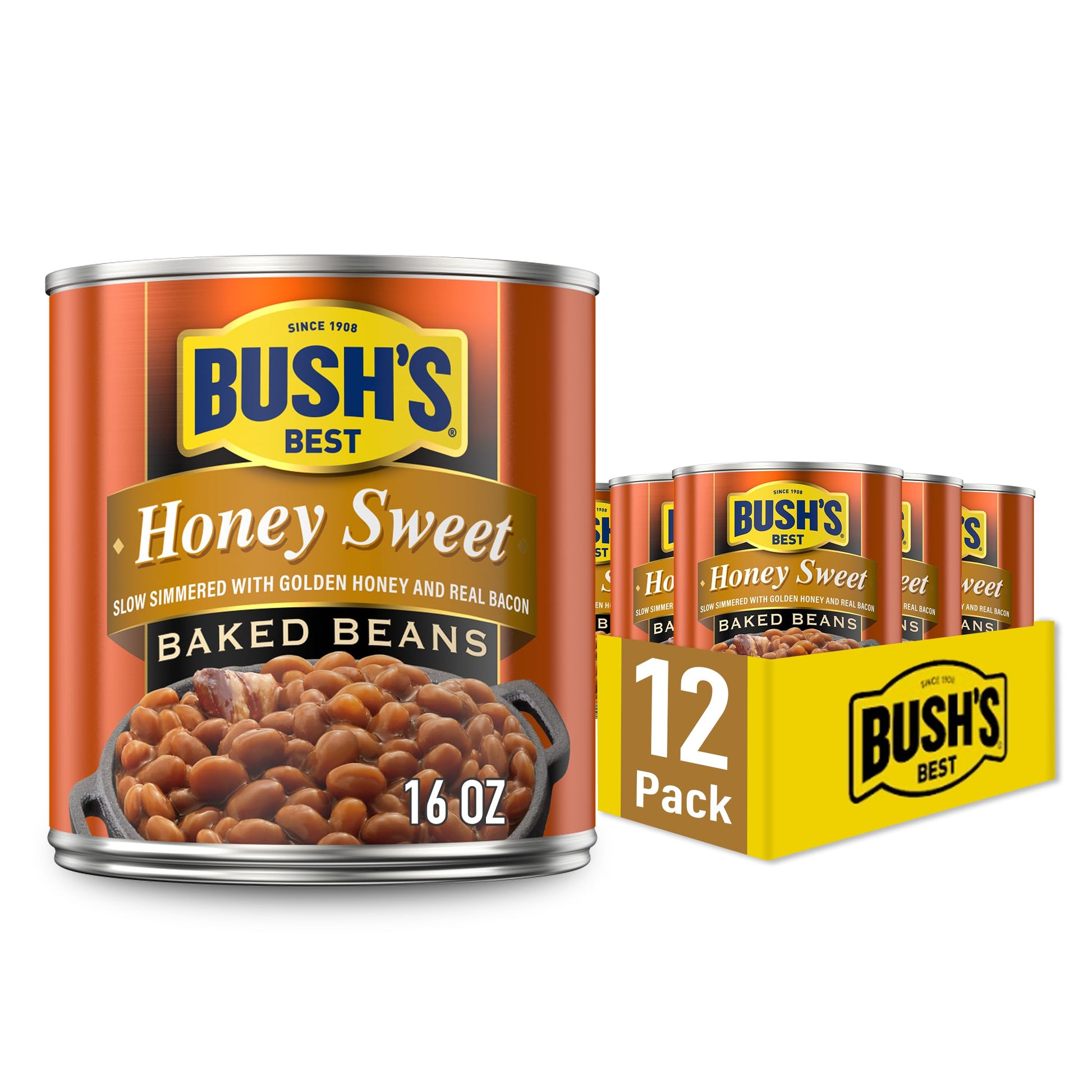 Bush'S Best 16 Oz Canned Honey Sweet Baked Beans, Source Of Plant Based Protein And Fiber, Low Fat, Gluten Free, (Pack Of 12)