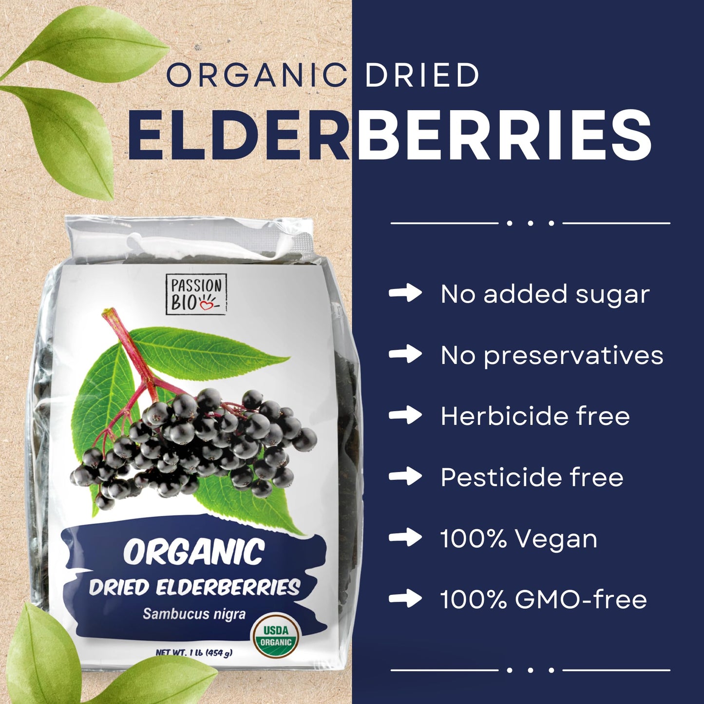 Dried Elderberries Organic 1 Lb Bulk Bag (6-Pack) - Usda Certified, Non-Gmo Sambucus Nigra, Whole Dried Elderberry - Natural, No