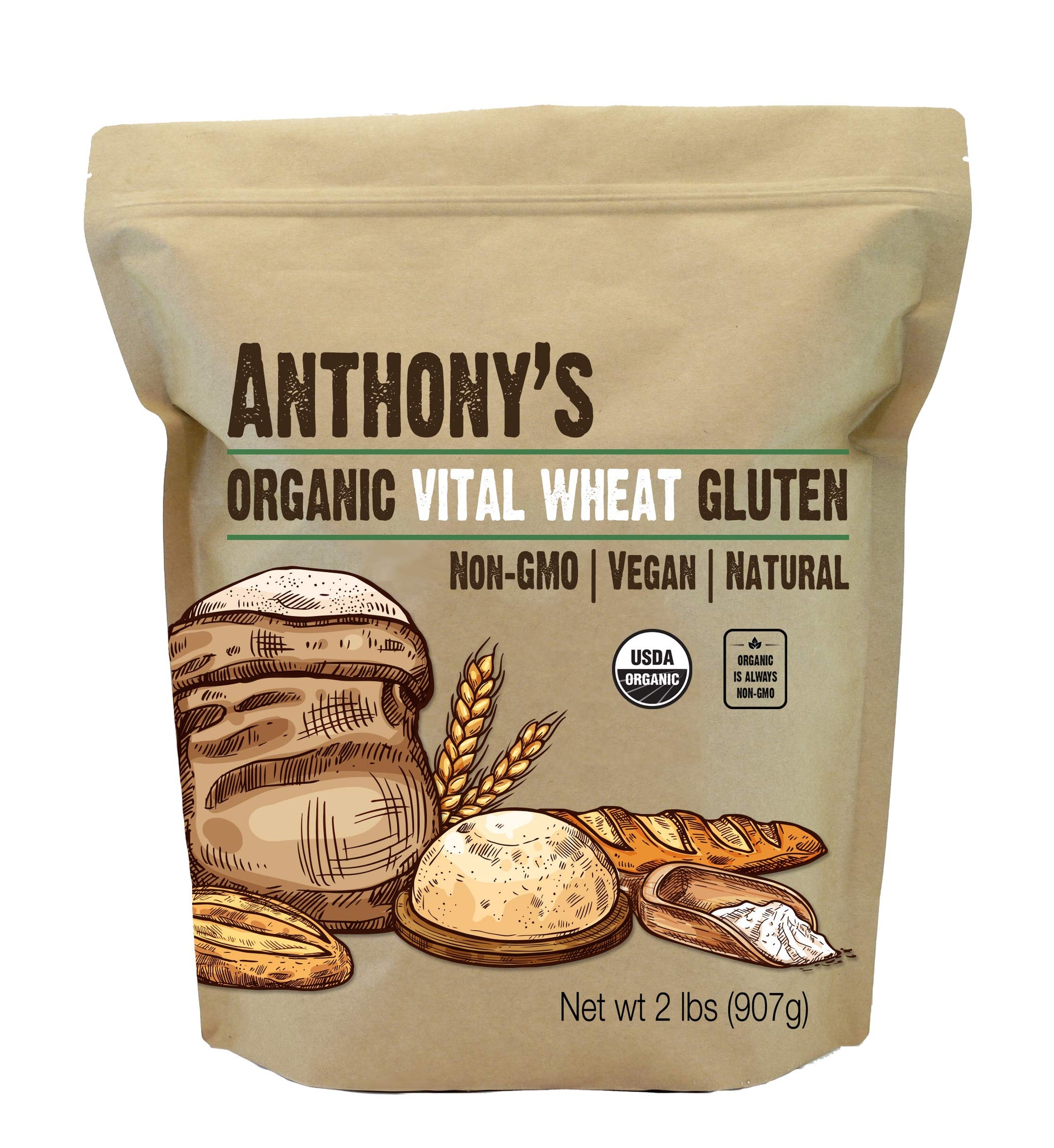 Anthony'S Organic Vital Wheat Gluten, 2 Lb, High In Protein, Vegan, Non Gmo, Keto Friendly, Low Carb