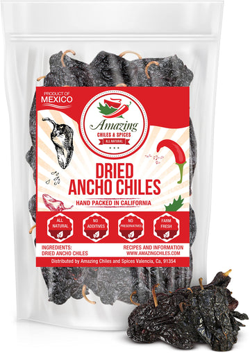 Amazing Chiles & Spices Dried Ancho Chiles Peppers, Mild to Medium Heat, Sweet & Smoky Flavor, 10 oz Air Tight Resealable Bag