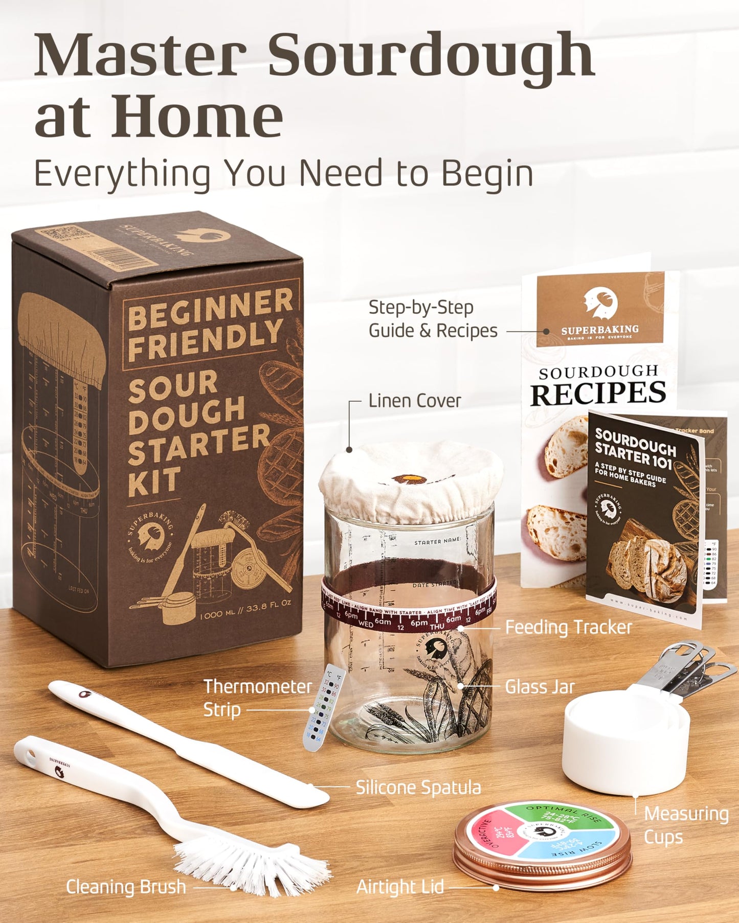 Superbaking Sourdough Starter Jar, Beginner Friendly Sourdough Starter Kit with 34oz Wide Mouth Glass Jar, Sour Dough Container