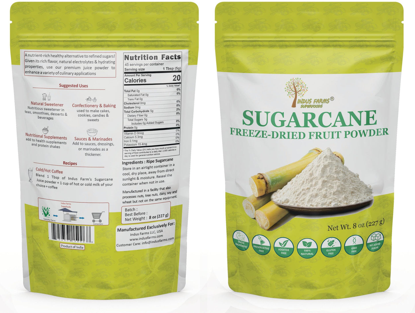 Indus Farms Superfoods 100% Pure Freeze-Dried Sugarcane Juice Powder - No Additives, Single Ingredient, Non-Gmo, Vegan, Natural