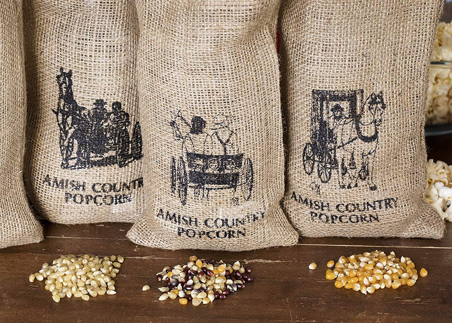 Amish Country Popcorn | 3-2 lb Bags | 6 lb Burlap Variety Set | Medium White - Medium Yellow - Rainbow Popcorn Kernels | Old Fas