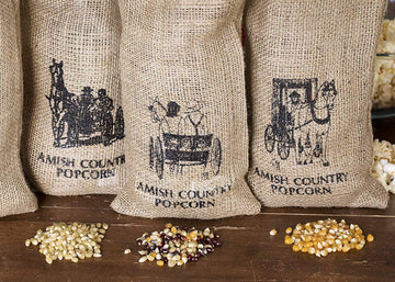 Amish Country Popcorn | 3-2 lb Bags | 6 lb Burlap Variety Set | Medium White - Medium Yellow - Rainbow Popcorn Kernels | Old Fas