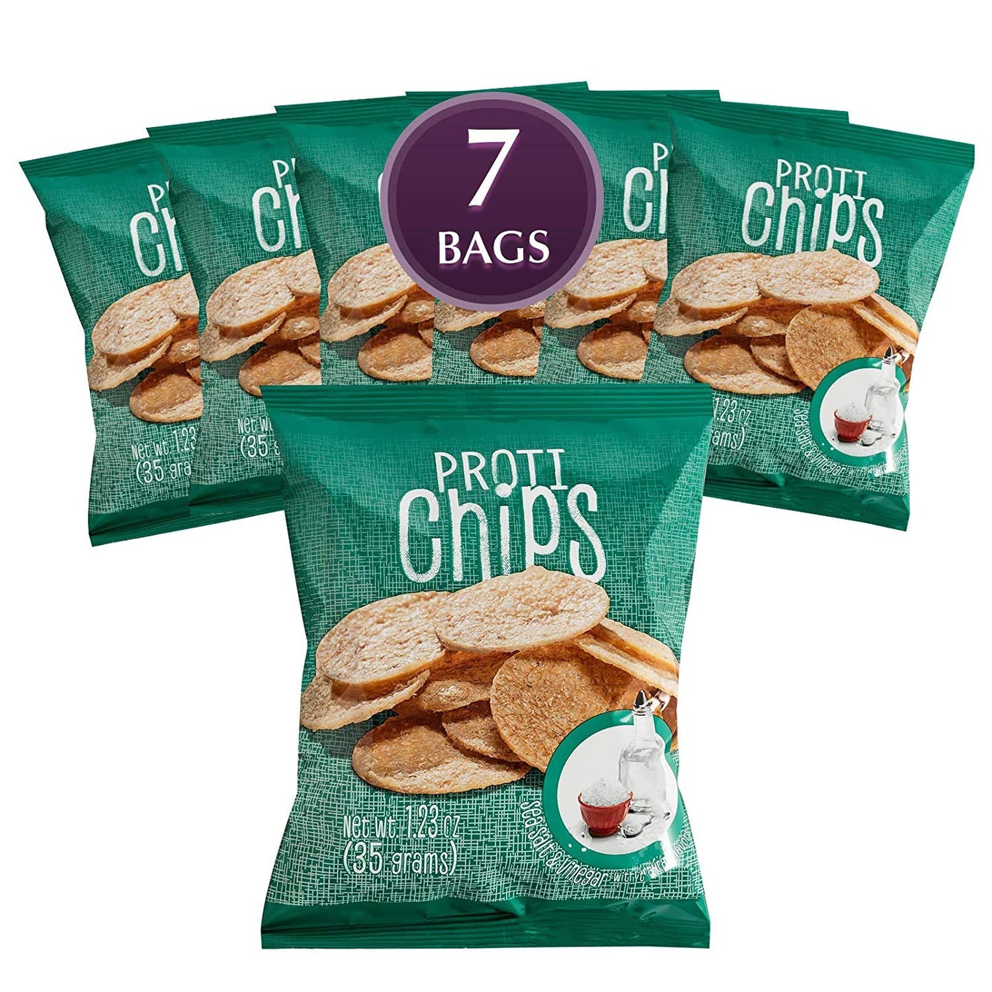 Proti Kind - Sea Salt & Vinegar Proti Chips - High Protein - High Fiber - Low Calorie - Low Fat - Sugar Free - 7 Single Serving