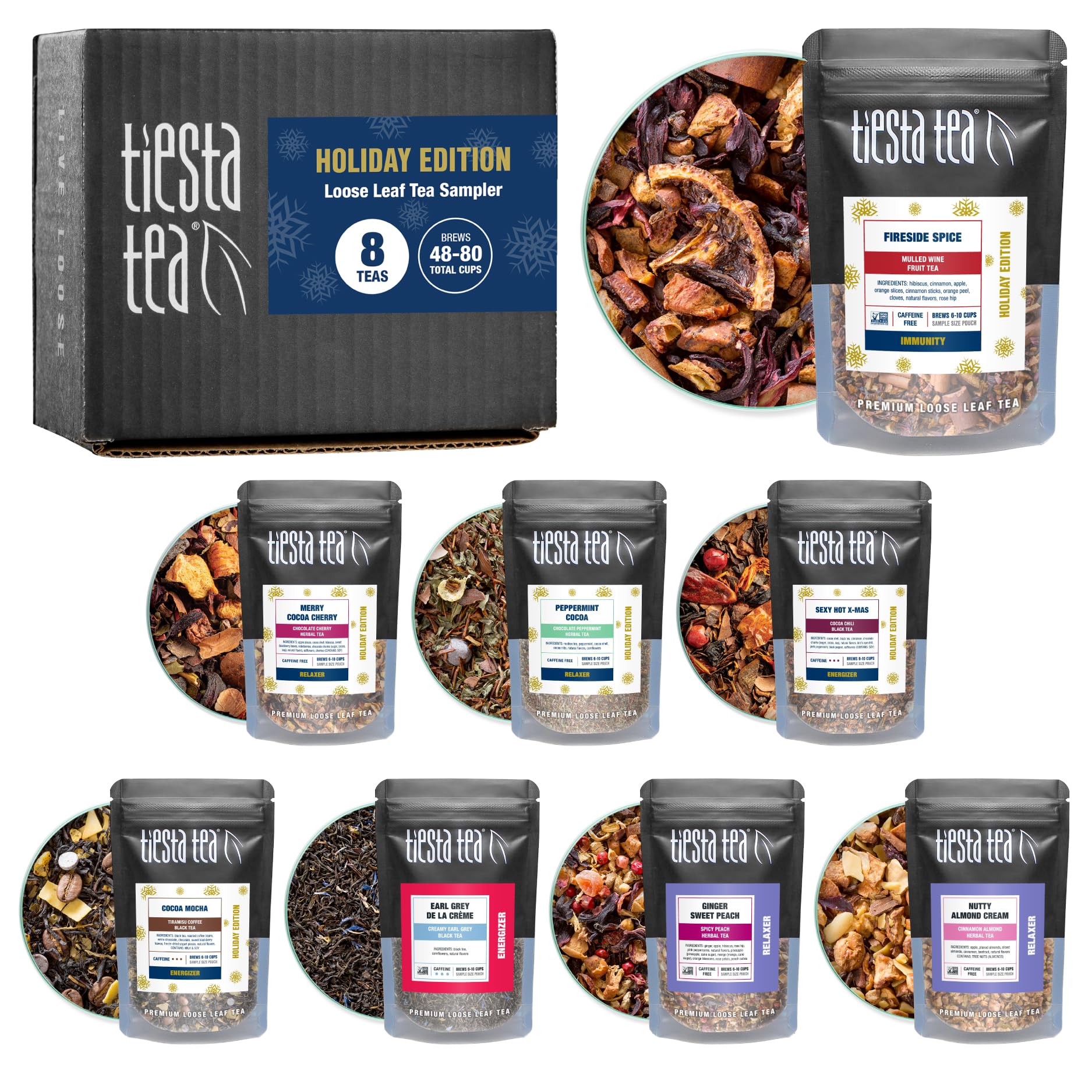 Tiesta Tea - Holiday Tea Sampler Dry Flight Set  Loose Leaf  High to No Caffeine Hot & Iced  enhanced Brew Sample with Black  Herbal  Fruit & Hibiscus Blends  8 Resealable Sample Pouches