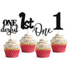 24Pack First Birthday Cupcake Topper - Glitter Black One Cupcake Picks,1st Birthday Cupcake Decorations Supplies (Black)