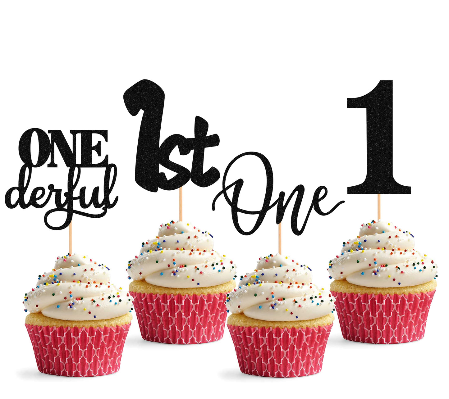 24Pack First Birthday Cupcake Topper - Glitter Black One Cupcake Picks,1st Birthday Cupcake Decorations Supplies (Black)