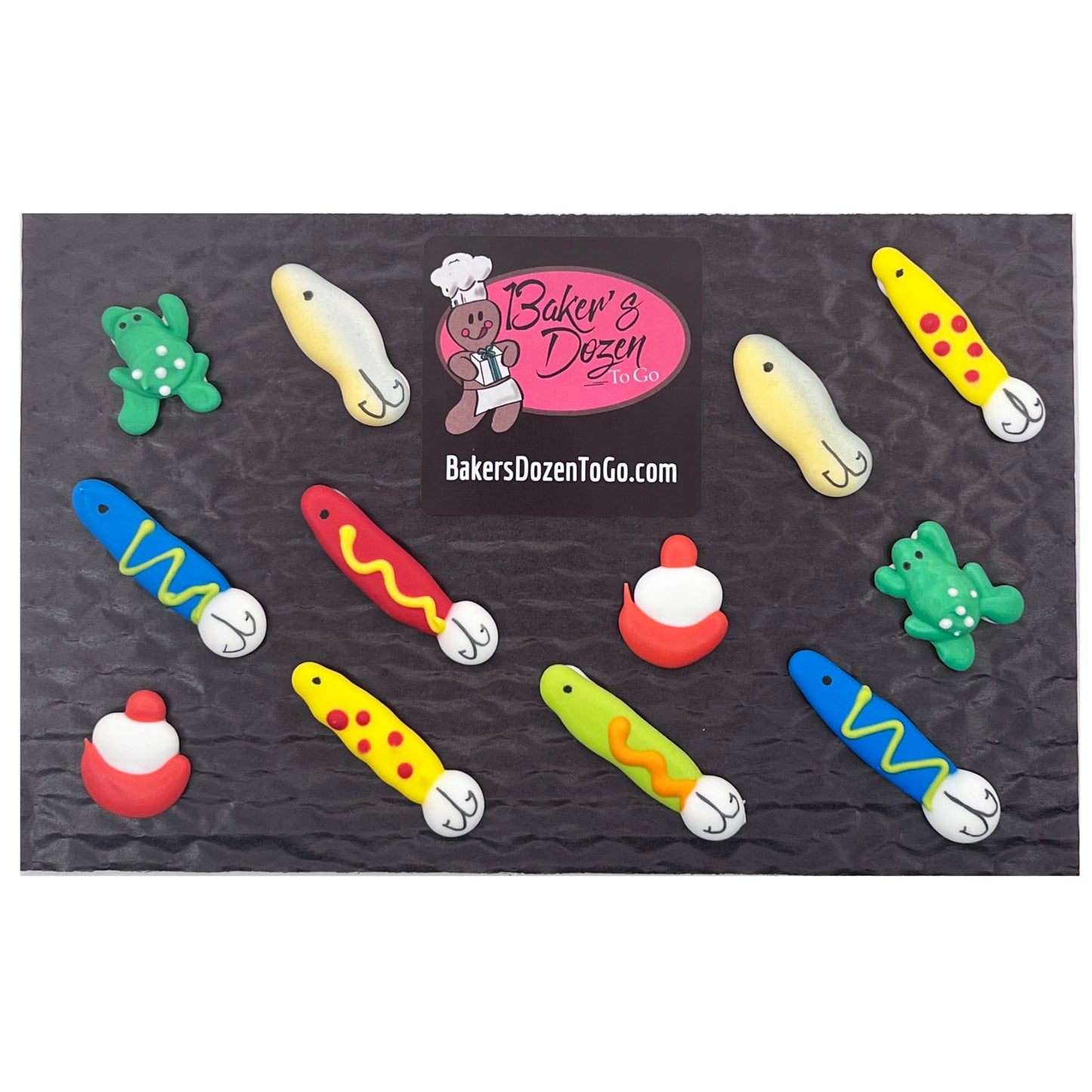 Fishing Lures Accessory Pack- 12 pcs Edible Royal Icing Cake Cupcake Topper (Choose Style Below)