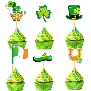 Ercadio 24 Pack Happy St Patrick's Day Cupcake Toppers Glitter Four Leaf Clover Shamrock Cupcake Picks Green Hat Cupcake Toppers