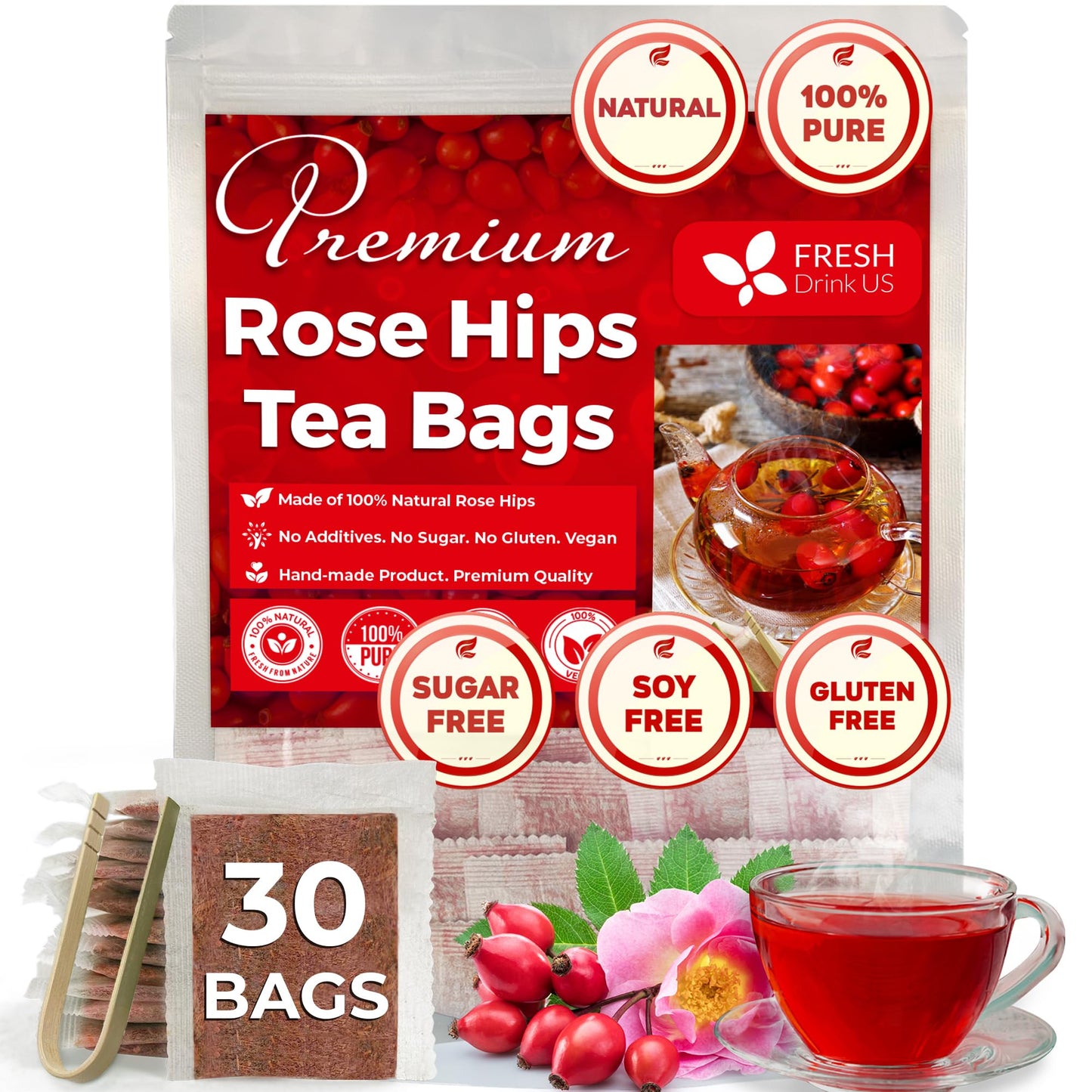 FRESHDRINKUS Rosehip Herbal Tea Bags, 100% Natural, Vegan, 30 Count