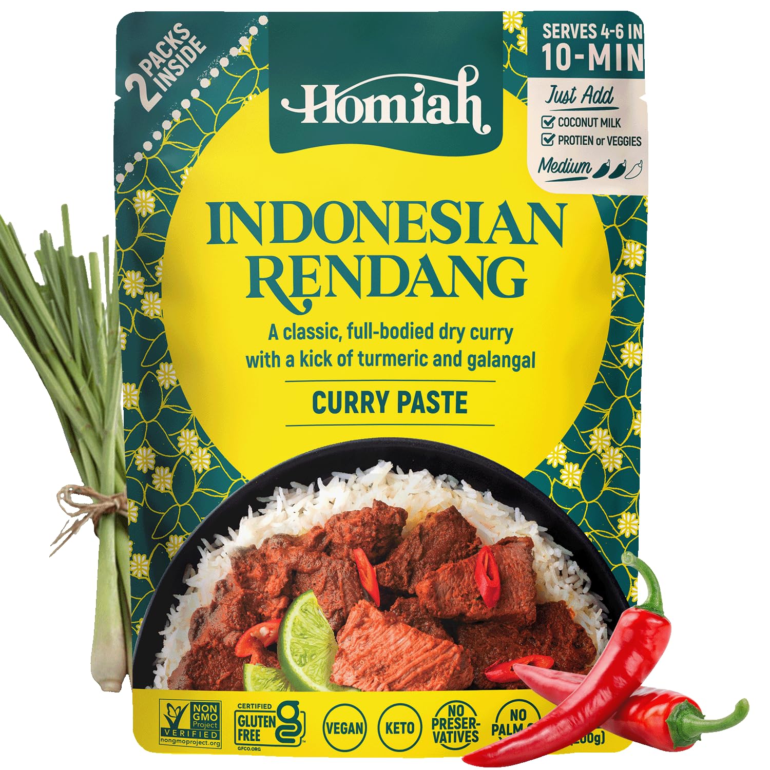 Homiah Rendang Curry Paste - 7 Oz - Gluten Free, Non-Gmo Malaysian Curry Paste - Vegan Rendang Curry Paste, Thai Essentials For