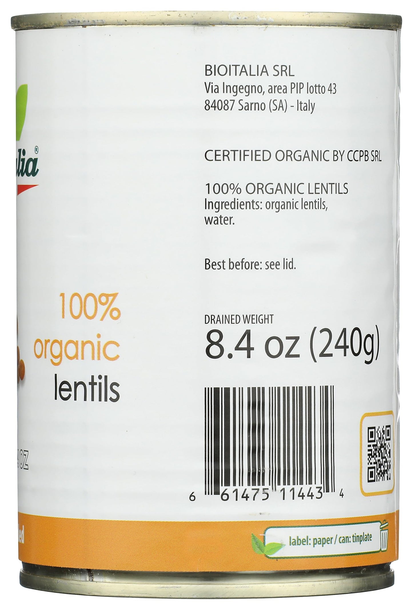 BIOITALIA Organic Canned Green Lentils, 14 OZ