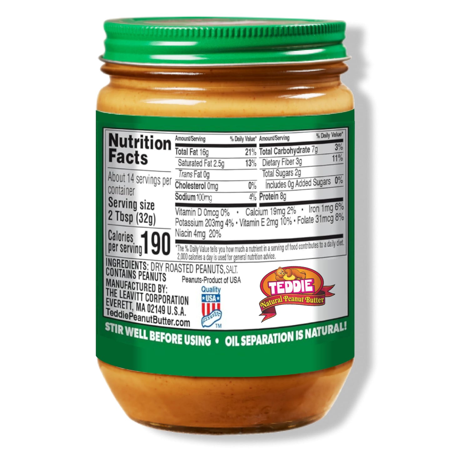 Teddie All Natural Peanut Butter, Super Chunky 2Pk, Gluten Free & Vegan, 16 Ounce Glass (Super Chunky, 16 Ounce (Pack Of 2))