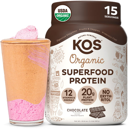 KOS Plant Based Protein Powder, Chocolate USDA Organic - Low Carb Pea Protein Blend, Vegan Superfood with Vitamins & Minerals - 