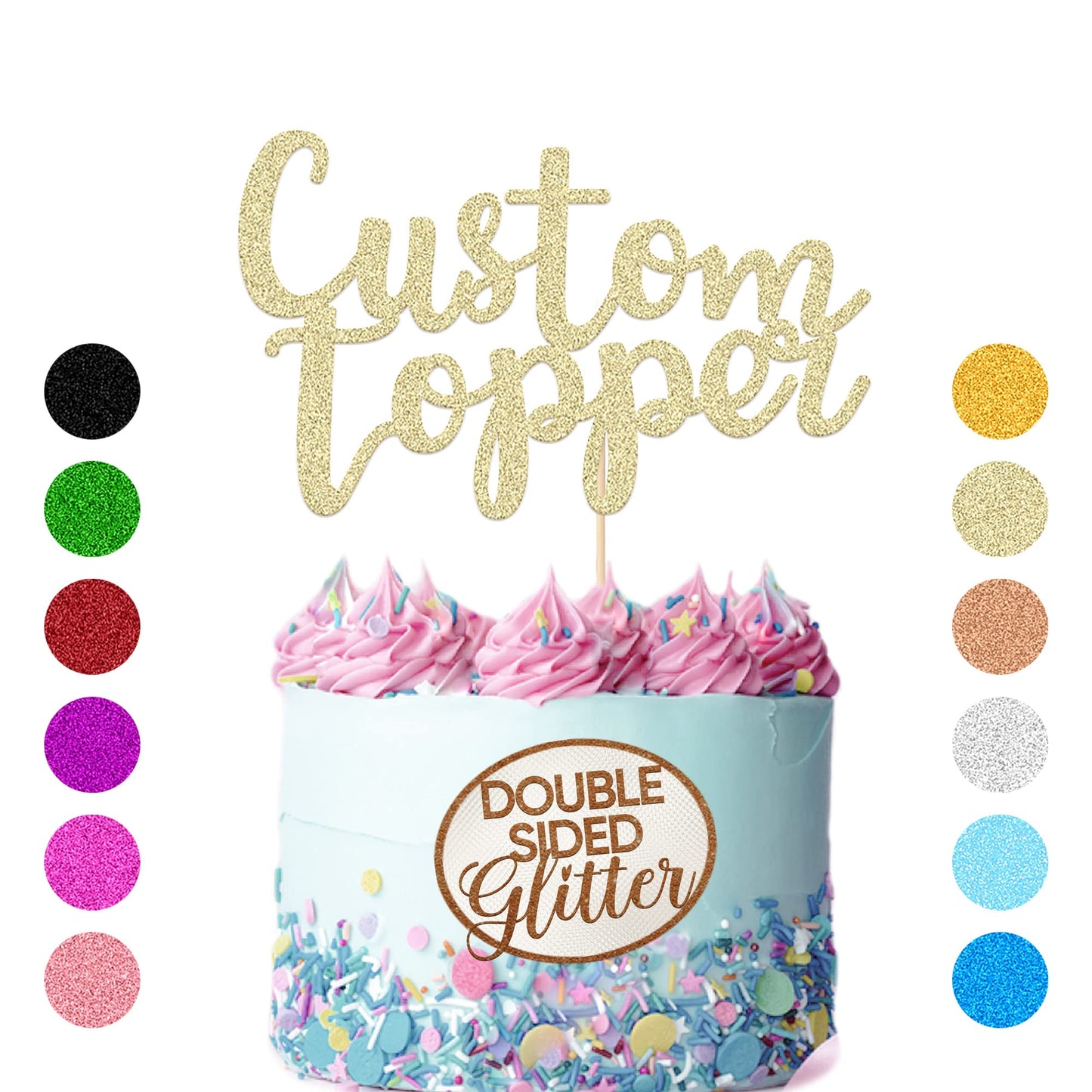 EDSG Personalized Birthday Cake Topper - Double Sided Glitter Decoration, Champagne Gold, Custom Text, Suitable for Weddings and Anniversaries