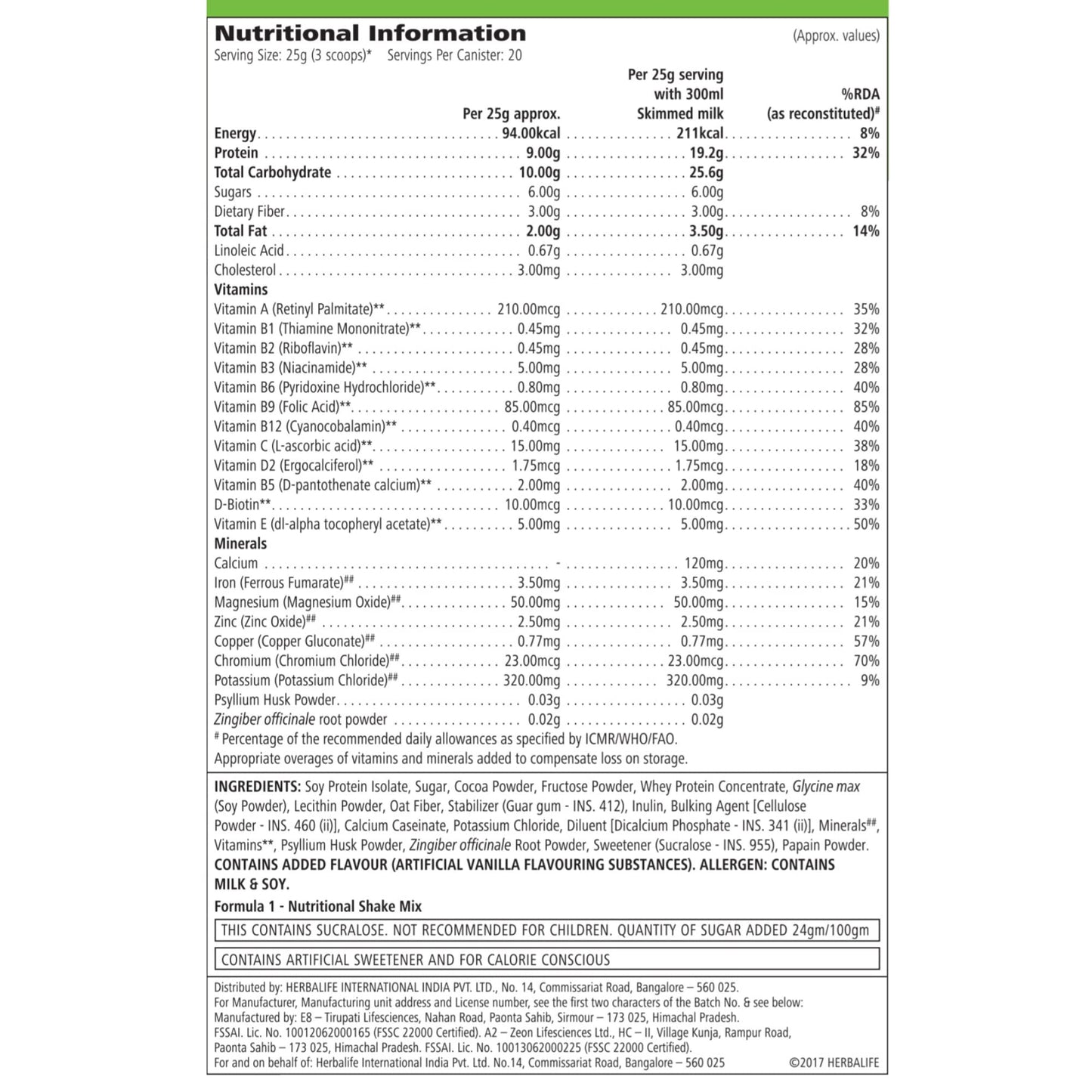 Herbalife Formula 1 Nutritional Shake Mix, Meal Replacement, 500g, Chocolate Flavor