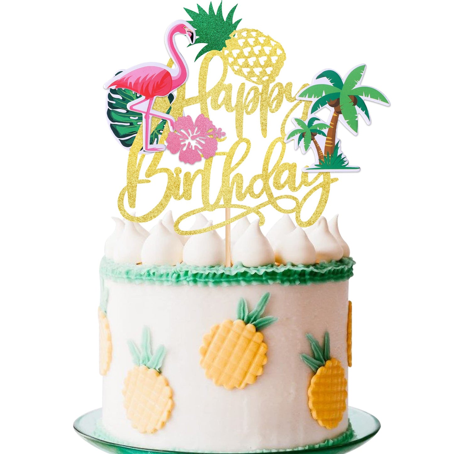1 Pcs Flamingo Happy Birthday Cake Topper Glitter Palm Tree Turtle Leaf Flower Pineapple Flamingo Cake Pick Decorations For Trop