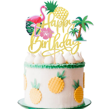 1 Pcs Flamingo Happy Birthday Cake Topper Glitter Palm Tree Turtle Leaf Flower Pineapple Flamingo Cake Pick Decorations For Trop