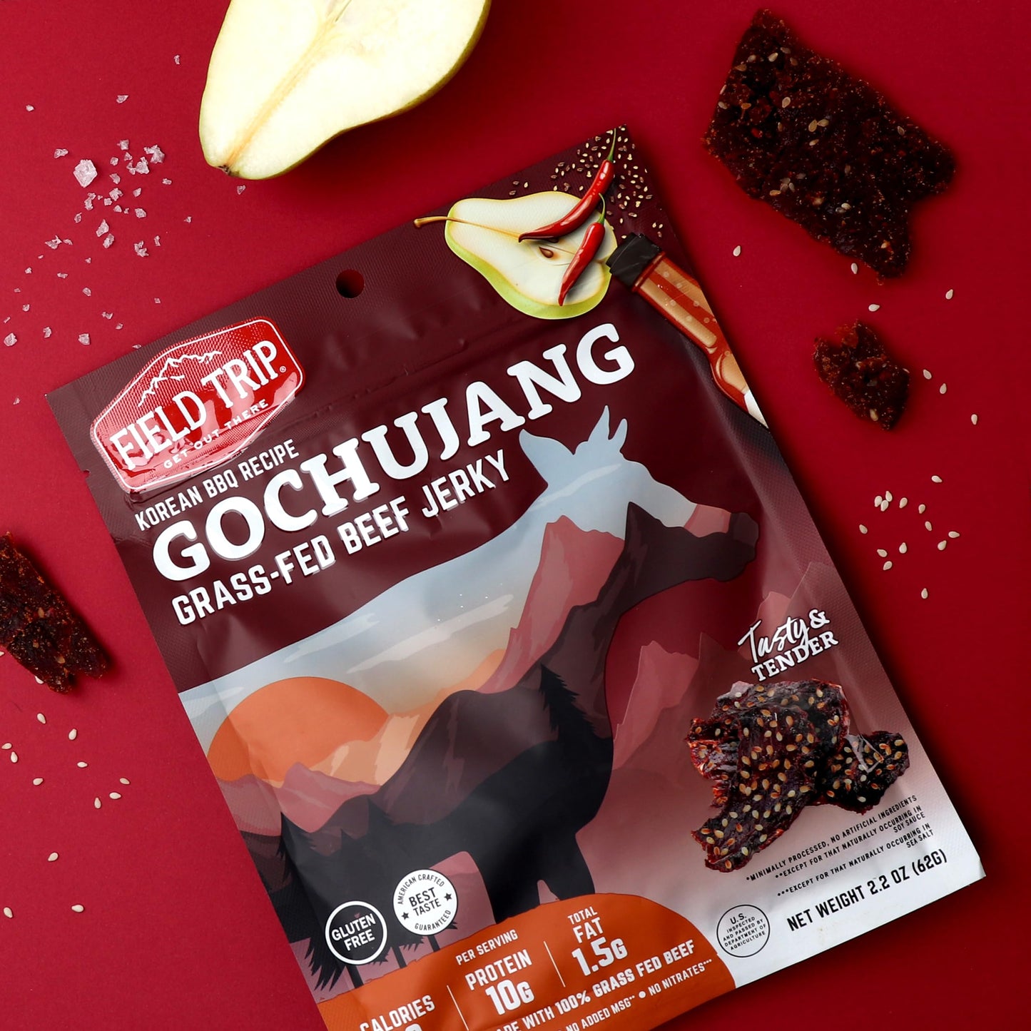 Field Trip Beef Jerky, Grass Fed, Gluten Free, High Protein, Low Carb, Gochujang Korean BBQ, 2.2oz Bag, 4 Pack