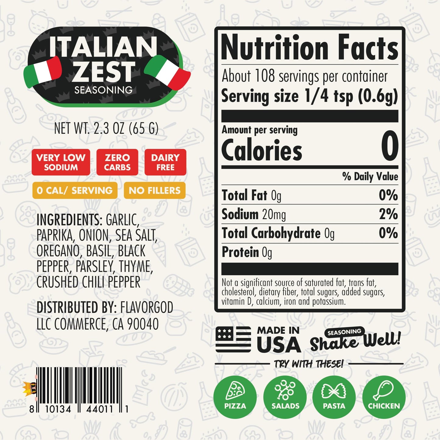 Flavor God Italian Zest Seasoning Mix - All Natural Spice Blend, 2 Bottles, Kosher, Low Sodium, Vegan, Keto Friendly