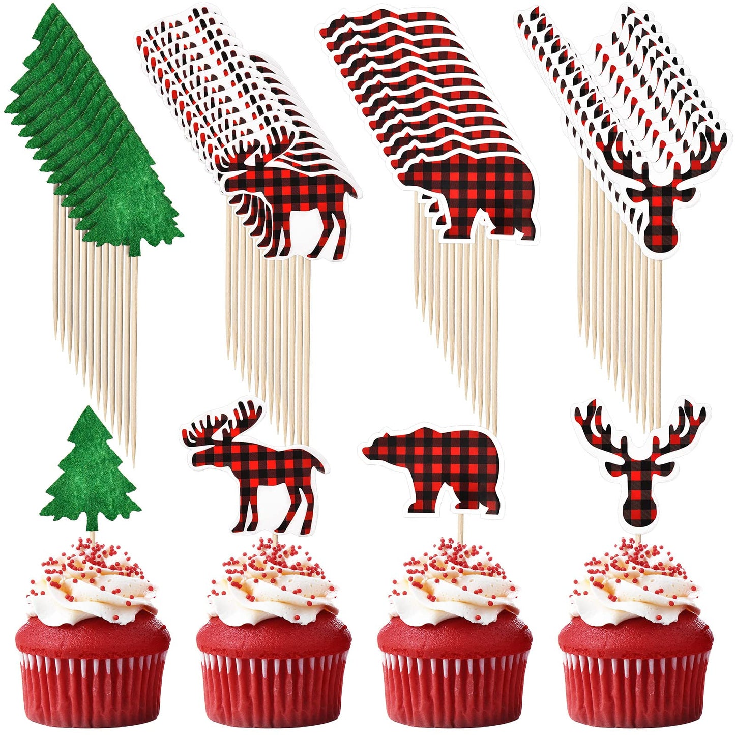 Outus Lumberjack Cupcake Toppers, 48 Pieces, Buffalo Plaid, Red/Black Baby Shower Decorations
