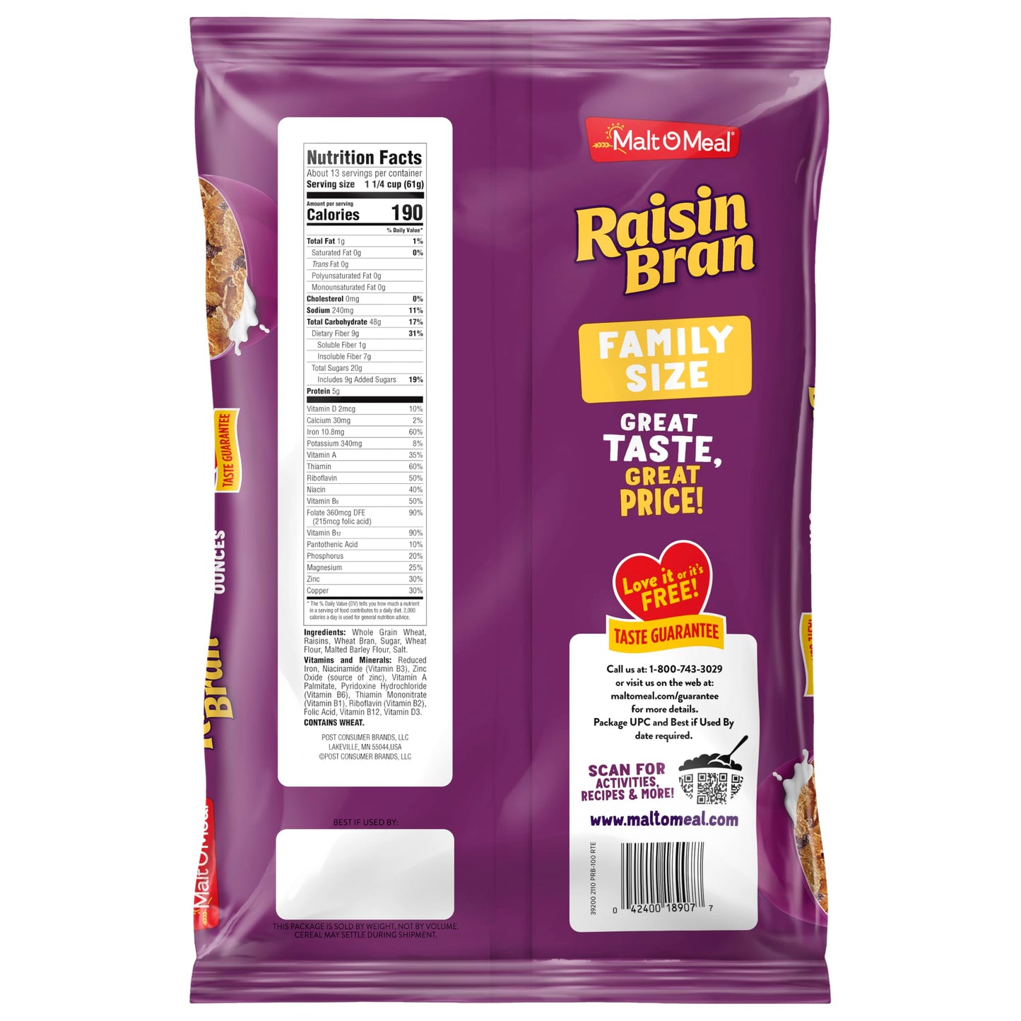 Malt-O-Meal Raisin Bran Cereal, Wheat Flakes And Raisins Breakfast Cereal, Large Cereal For Family, 27.4 Oz Resealable Cereal Ba