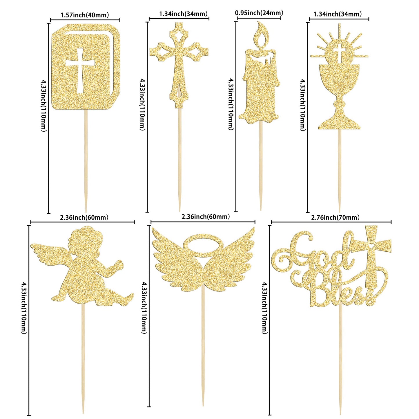 Gyufise Cupcake Toppers, 28Pcs Gold Glitter Christian Baptism Decor, Angel Chalice & Bible Cross Design