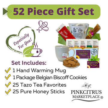 PINKCITRUS MARKETPLACE Tea And Cookie Gift Set Basket, 52 Piece Set, White Mug, Includes Honey Sticks, Ideal for Gifting