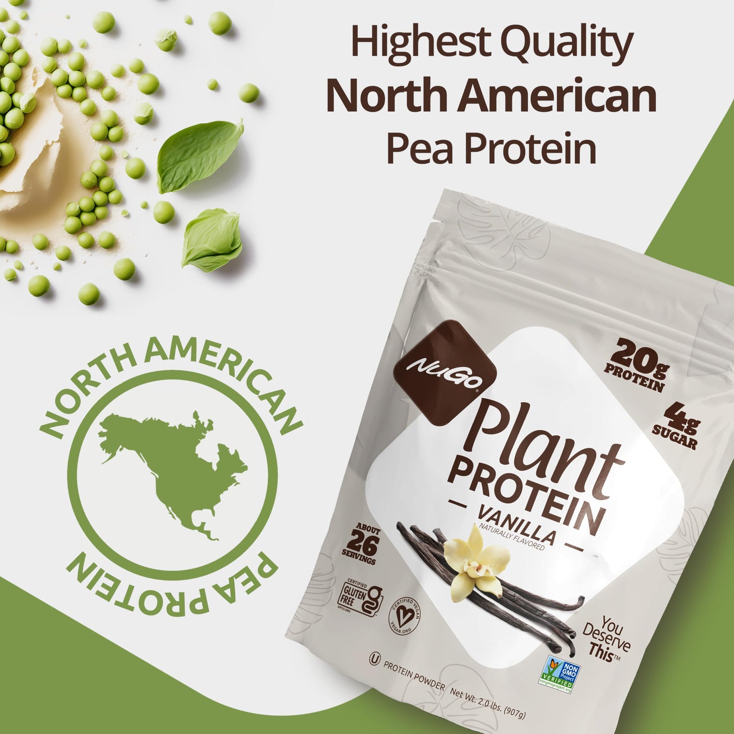 NuGo Plant Protein Powder, Chocolate, 20g Vegan Pea Protein, Low Sugar, 32 Ounce