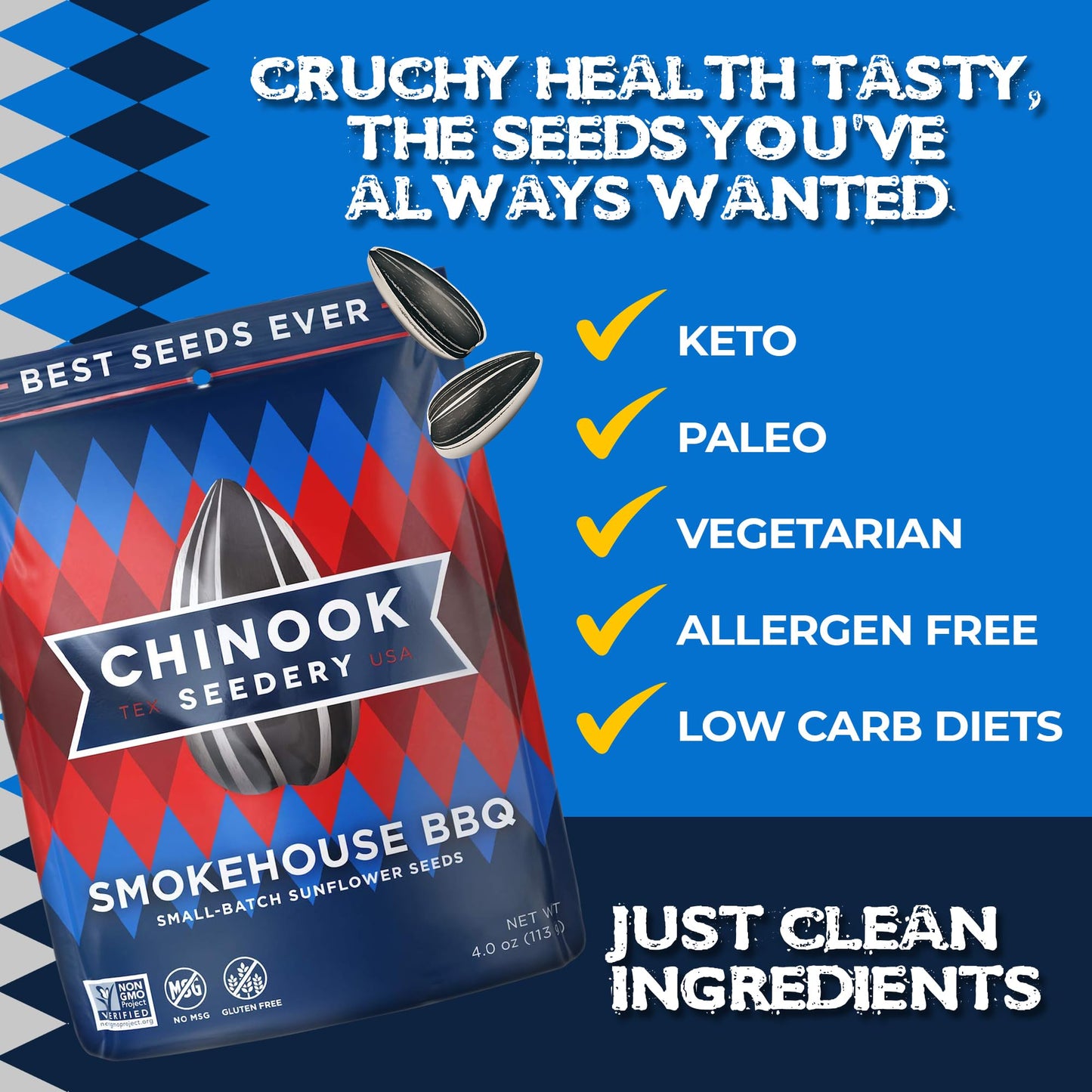 Chinook Seedery Roasted Jumbo Sunflower Seeds - Keto Snacks, Gluten-Free, Non-GMO, Smokehouse BBQ 4 oz (12-Pack)