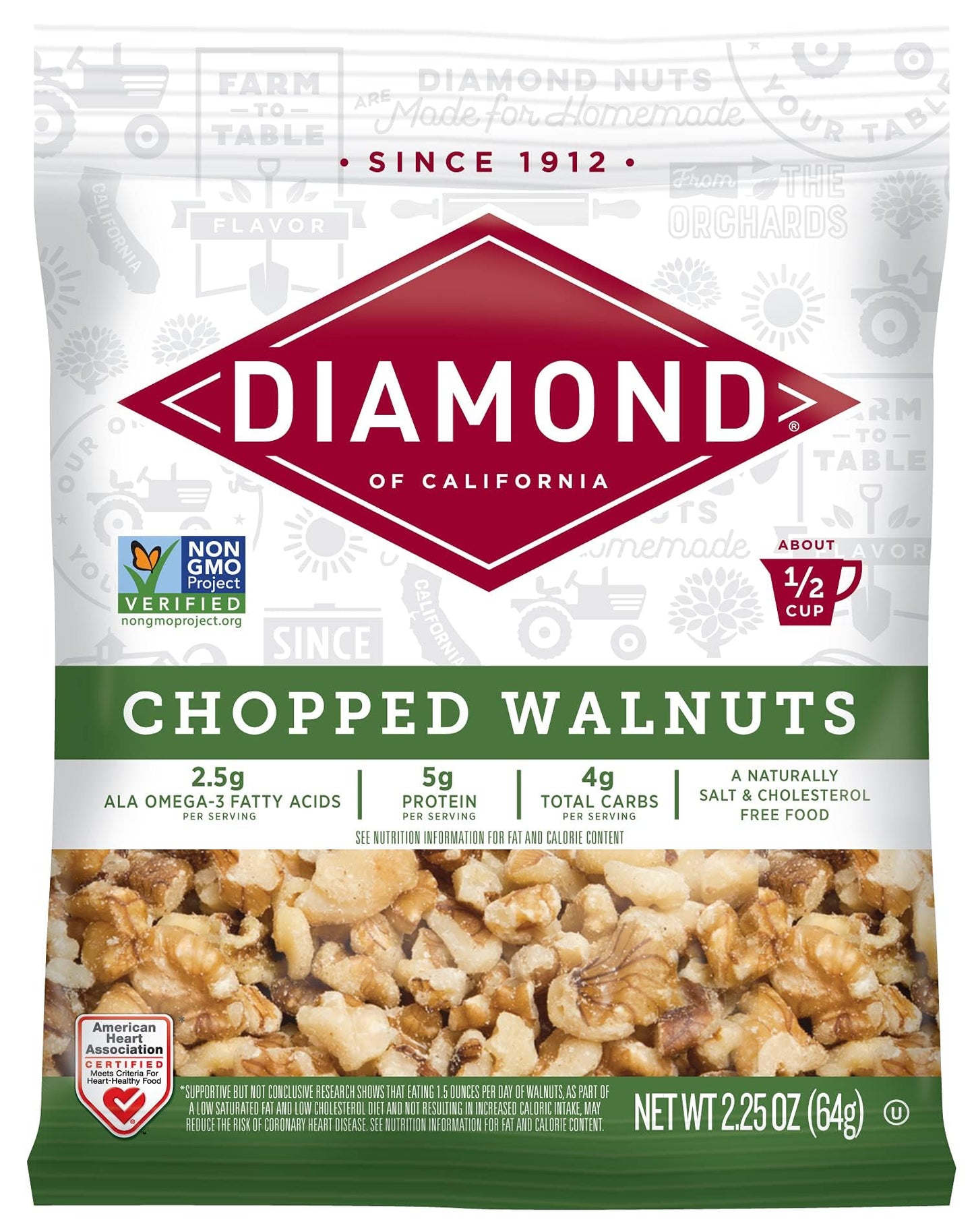 Diamond of California Chopped Walnuts, 2.25 oz, 12 Count, Model 70450048918