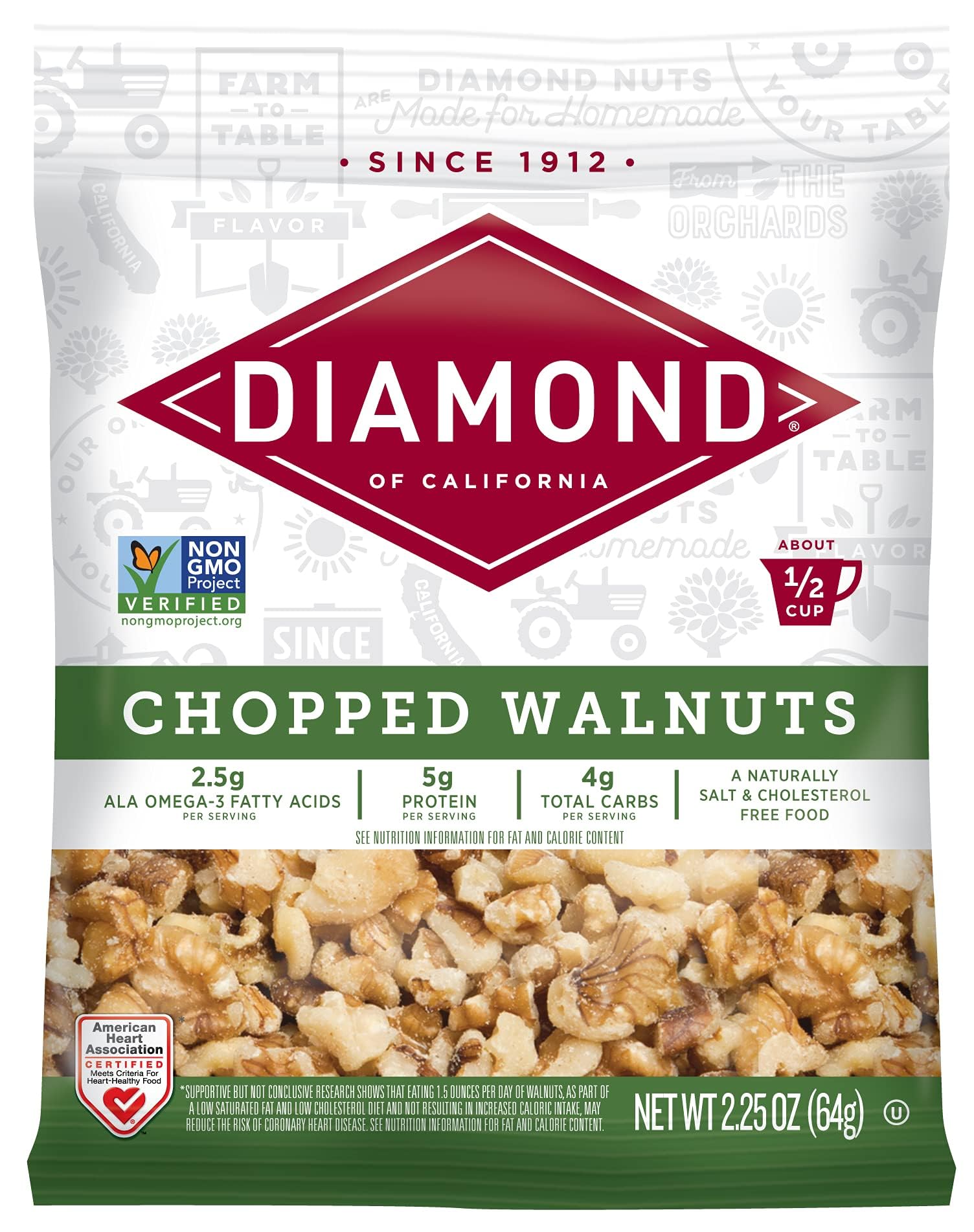 Diamond of California Chopped Walnuts, 2.25 oz, 12 Count, Model 70450048918