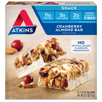 Atkins Cranberry Almond Snack Bar, Protein Snack, Good Source Of Fiber, 2G Sugar, Keto Friendly, 5 Count