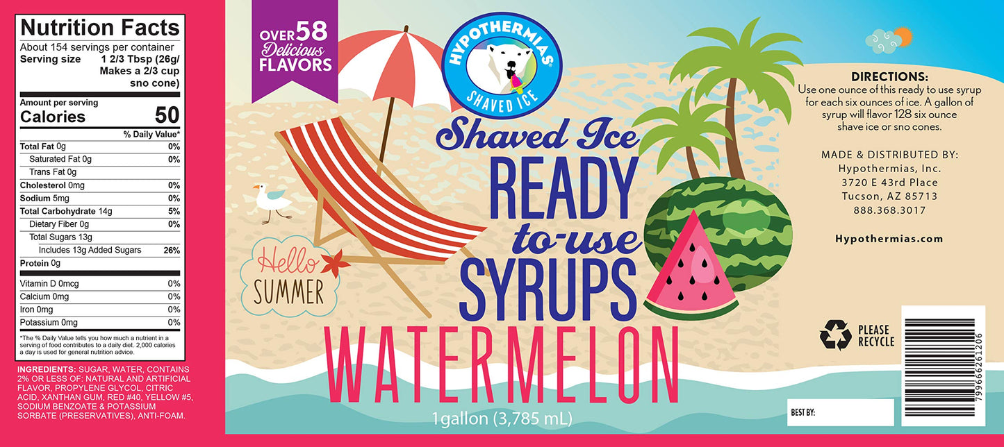 Hypothermias Watermelon Ready To Use Gallon (128 Fl. Oz) Hawaiian Snow Cone Flavors Syrup - Shaved Ice, 100% Pure Cane Sugar