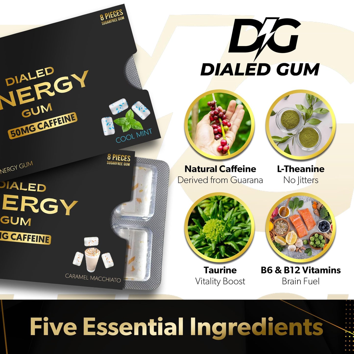 Dialed Gum Caffeine Gum - 50mg Caffeine, Sugar-Free, No Aspartame, 24pc - Cool Mint Flavor