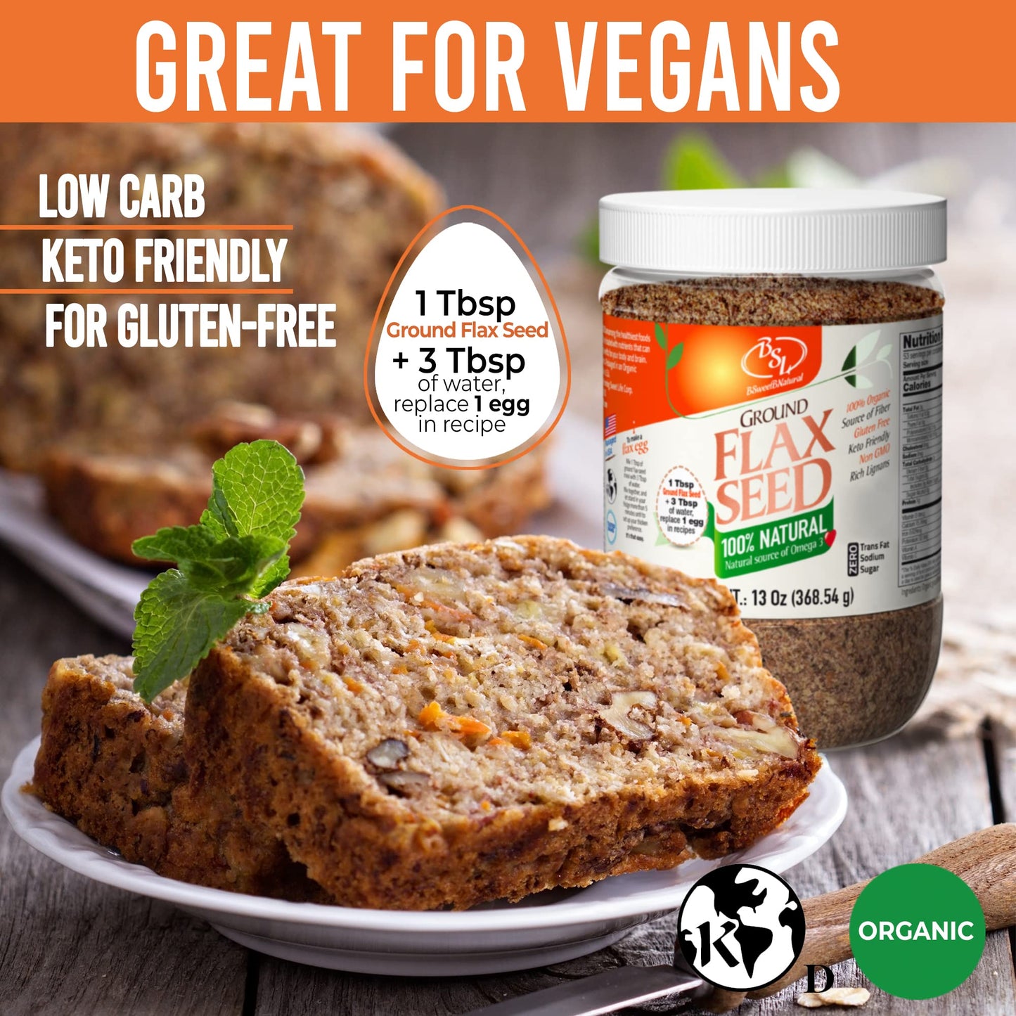 BSL Organic Ground Flax Seed 13 Oz - Vegan, Keto-Friendly, Gluten-Free, Non-GMO, Zero Trans Fat & Sugar - Rich in Fiber, Omega-3