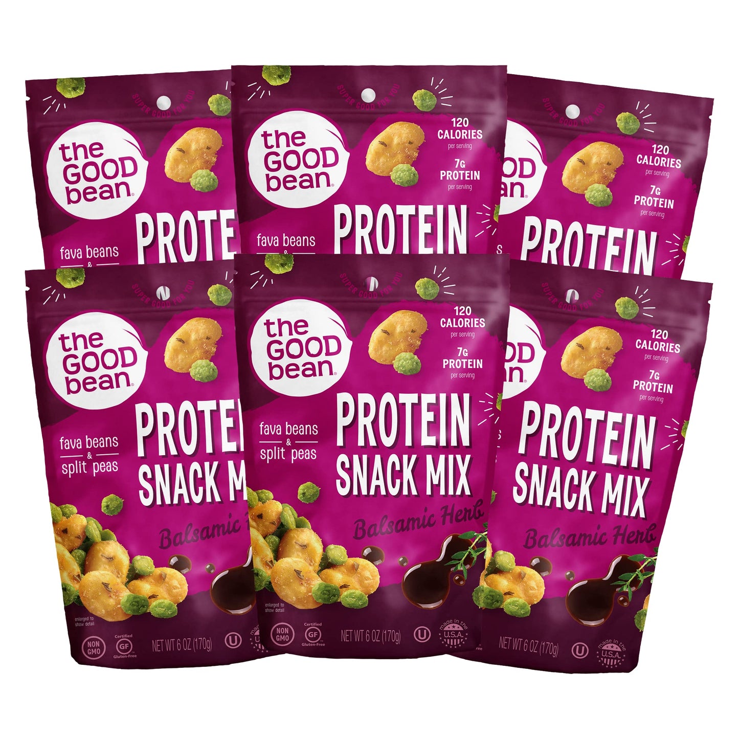 The Good Bean Protein Snack Mix - Balsamic Herb - (6 Pack) 6 Oz Resealable Bag - Fava Beans And Split Peas - Vegan Snack With Go