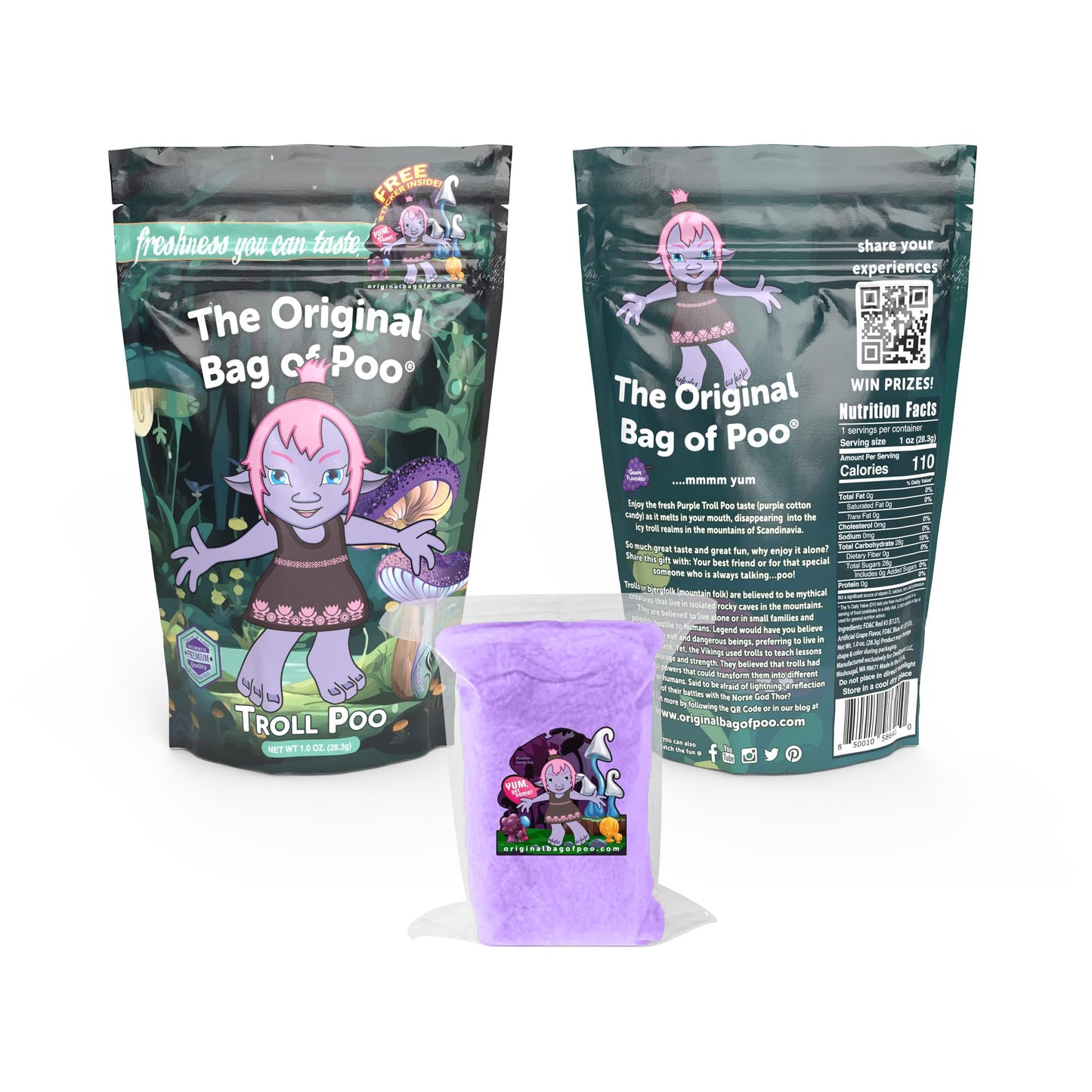 The Original Bag Of Poo®, Troll Poo (Grape Flavored Cotton Candy) Novelty Poop Gag Gift (1 Oz. Single Bag), Free Sticker Inside.