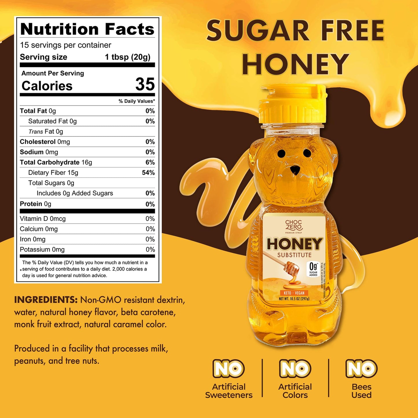 ChocZero Sugar Free Honey, 1:1 Natural Honey Equivalent, Same Sweetness and Consistency as Raw, Keto Friendly, Vegan (1 Jar, 10.