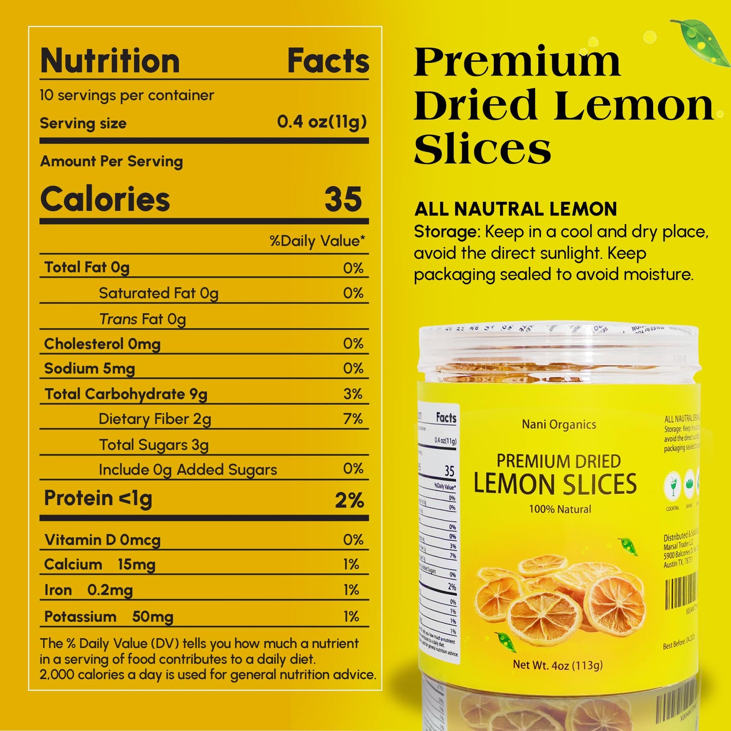 Nani Organics Premium Dried Lemon Slices – 100% Natural, Handpicked, Additive-Free, 4oz (113g) for Cocktails, Teas, Baking, Crafts
