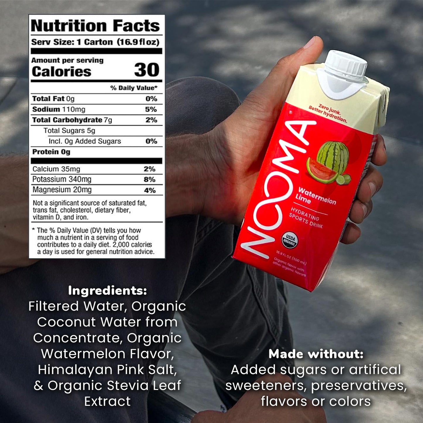 NOOMA Organic Electrolyte Sports Drink | Watermelon Lime | 16.9 Fl Oz (Pack of 12) | No Added Sugar, 30 Calories