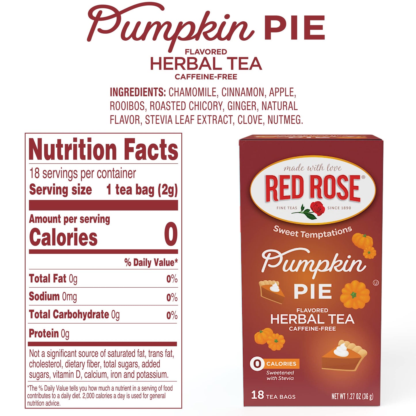 Red Rose Herbal Dessert Tea, Pumpkin Pie Flavor, Caffeine-Free, 18 Count Pack of 6, Zero Carbs, Zero Sugar