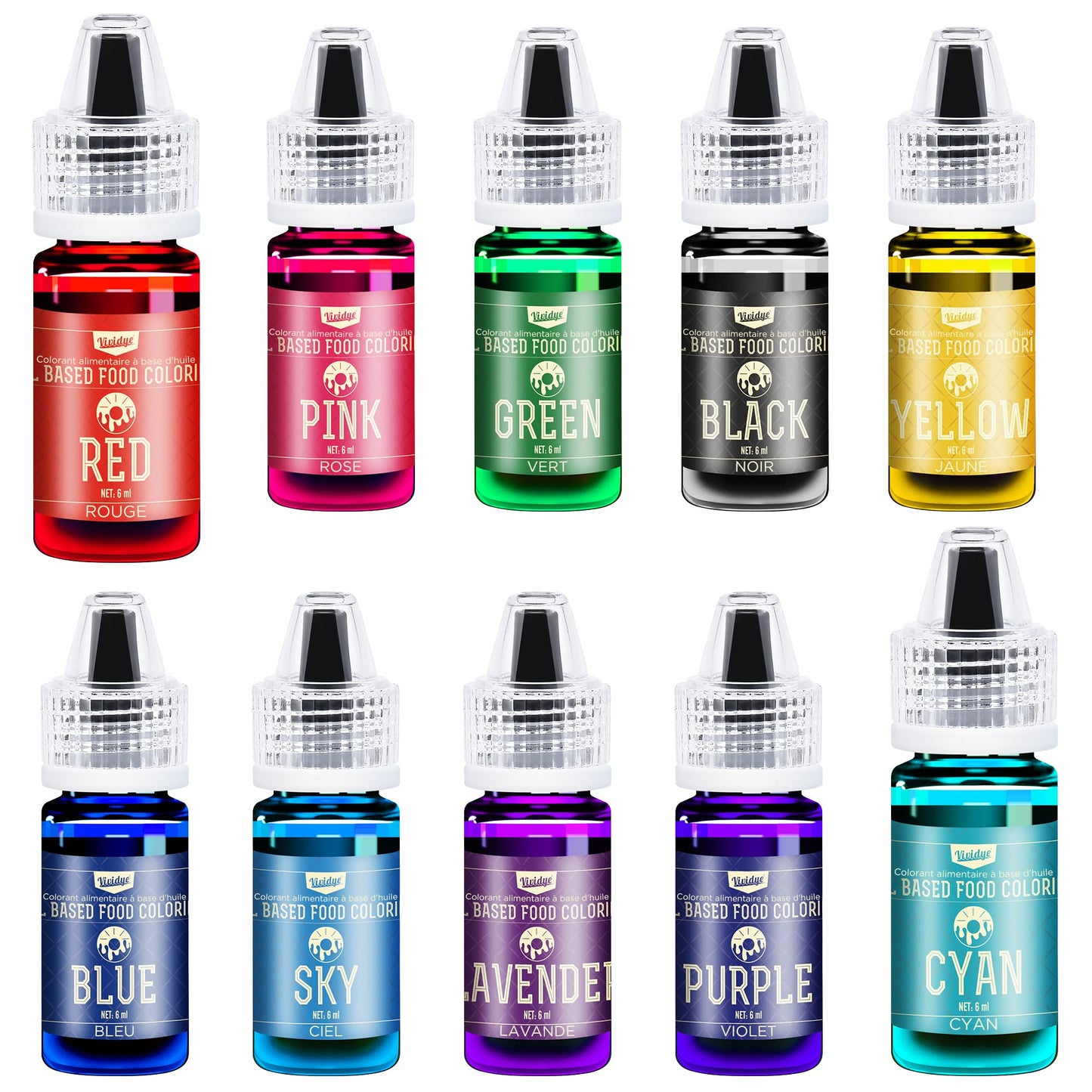 Vividye Oil Based Food Coloring Set - 10 Colors, 6ml Each, Fat Soluble for Baking, Candy Melts, and Fondant