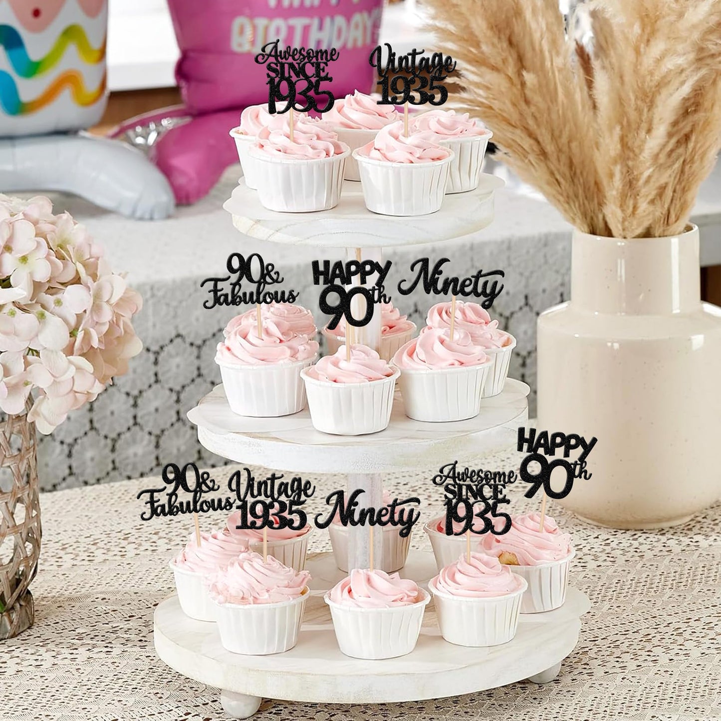 30Pcs Happy 90Th Birthday Cupcake Toppers Glitter Awesome Since 1933 Ninety 90 Fabulous Vintage 1933 Cupcake Picks For 90Th Birt