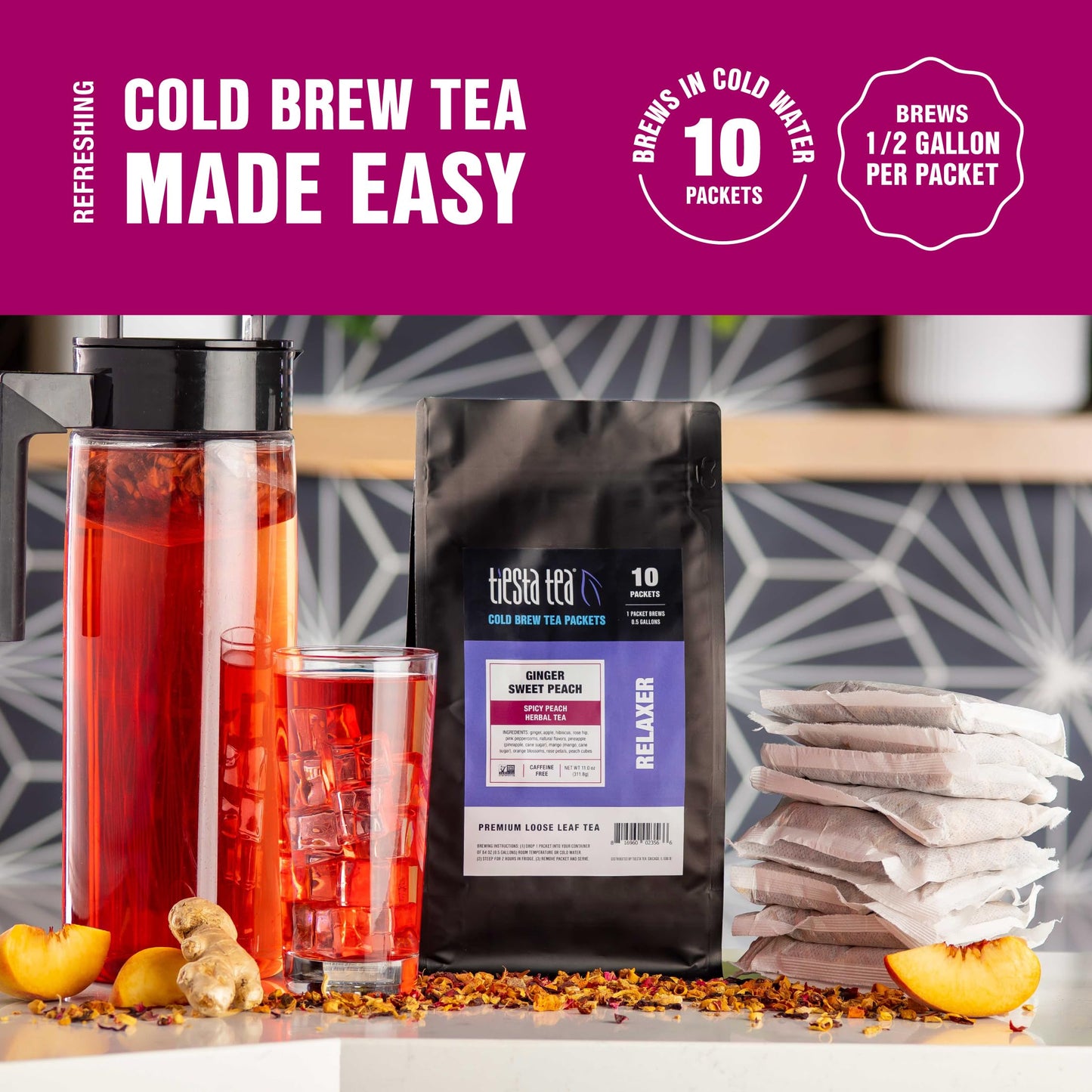 Tiesta Tea Ginger Sweet Peach Cold Brew Tea - Non-Caffeinated Loose Leaf Blend - 10 Pouches - 64 oz Each