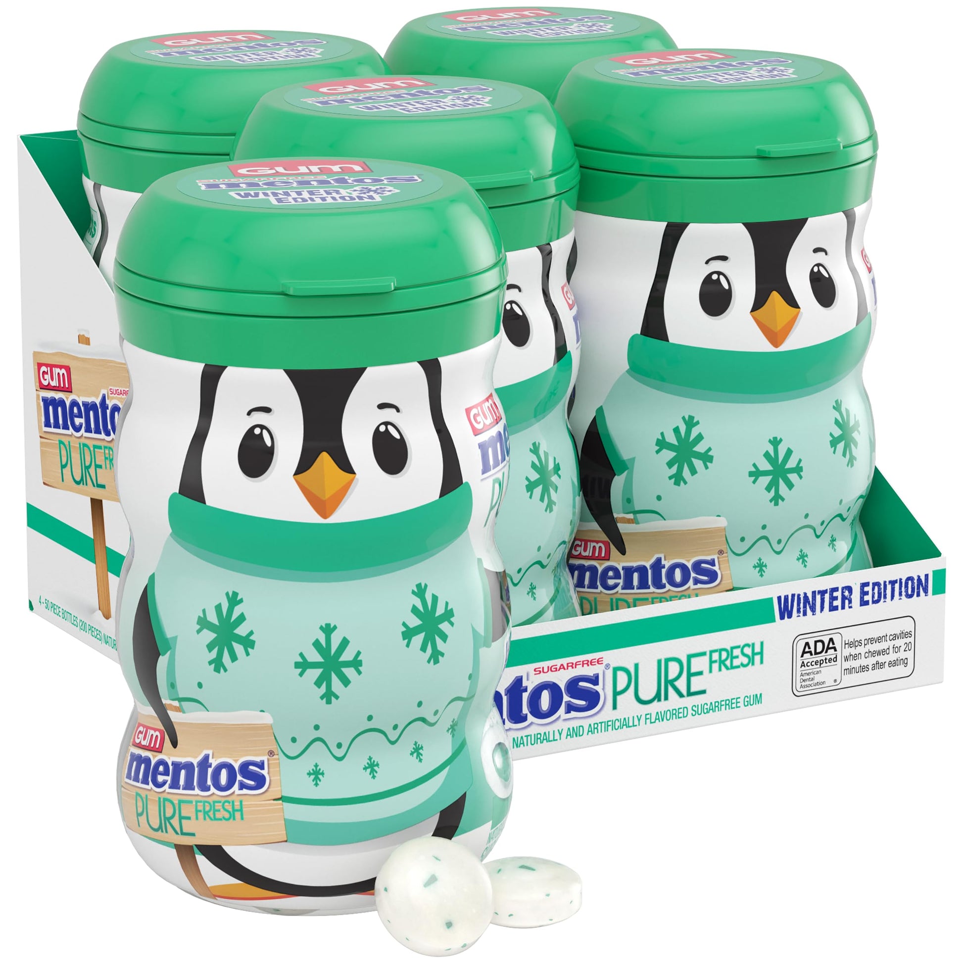 Mentos Pure Fresh Sugar-Free Chewing Gum, Spearmint Flavor, 50 Count (Pack of 4), Holiday Penguin Bottle