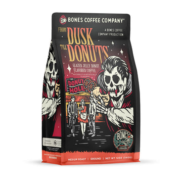 Bones Coffee Company From Dusk Till Donuts Ground Coffee Beans, Jelly Donuts Flavor, Low Acid Flavored Coffee, Made With Arabica