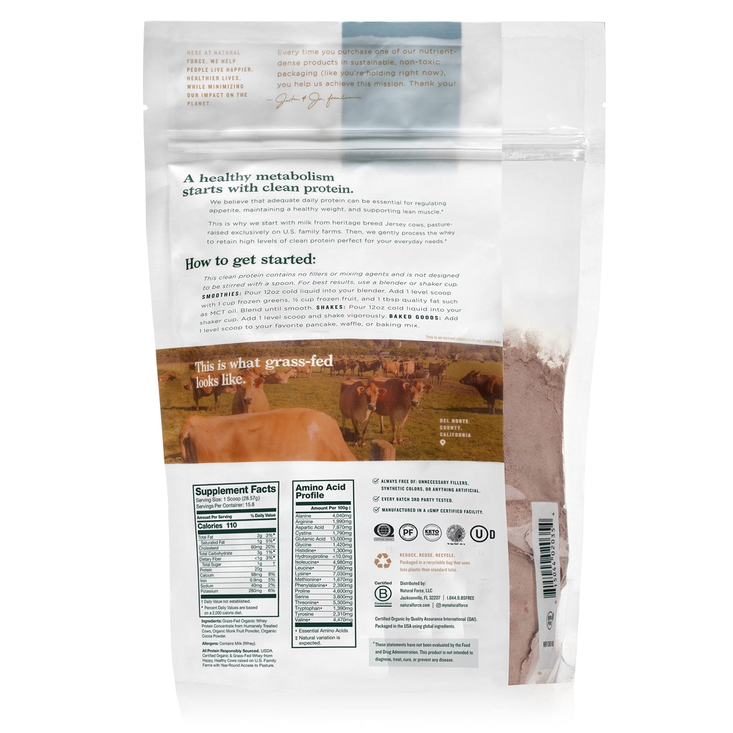 Natural Force Whey Protein Powder - Chocolate - Grass Fed Organic, Pure, Keto & Paleo Friendly, Low Carb, Kosher, Non GMO - 1 Po